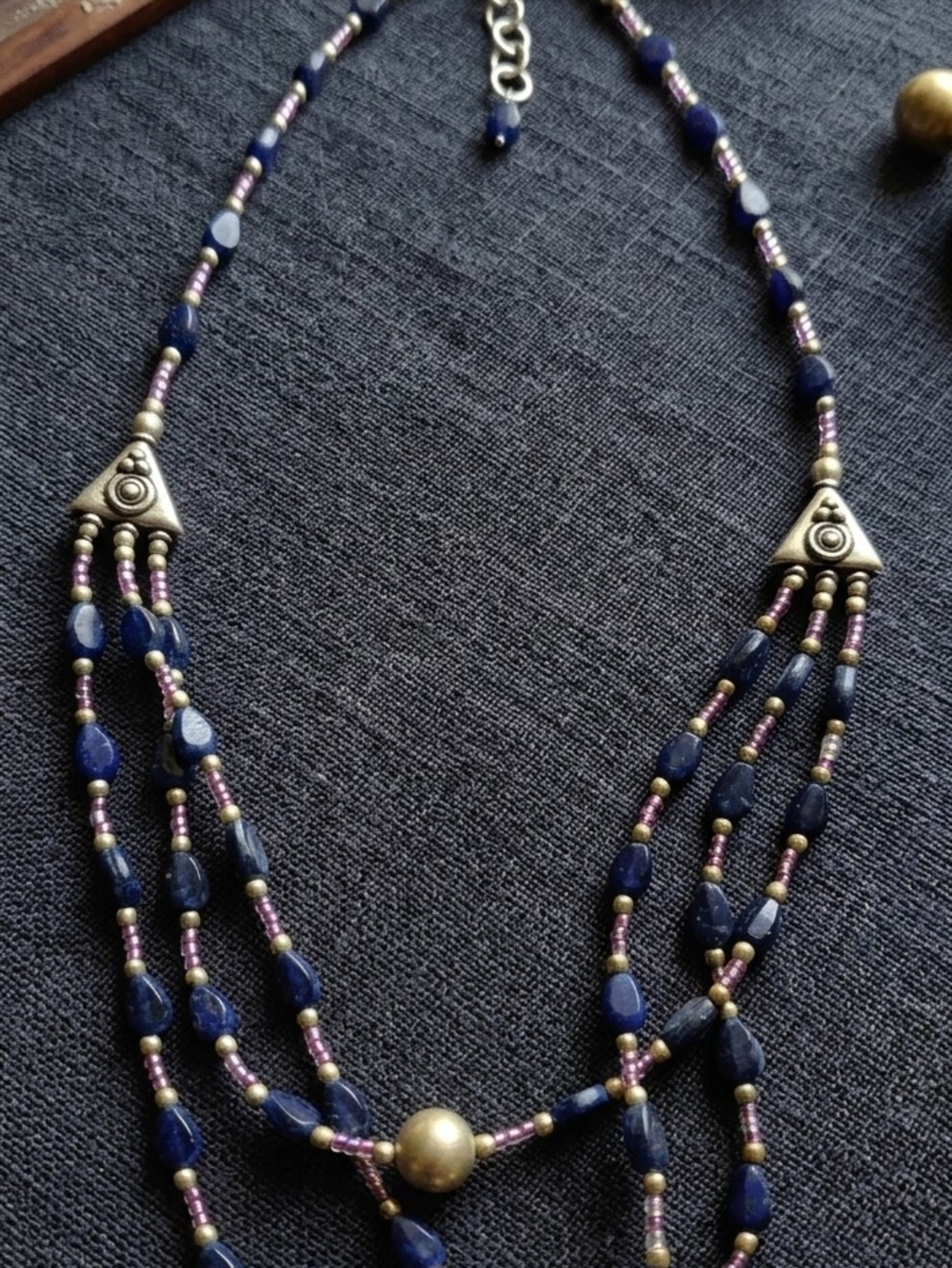 Multi-Strand Navy Bead Necklace with Gold Accents